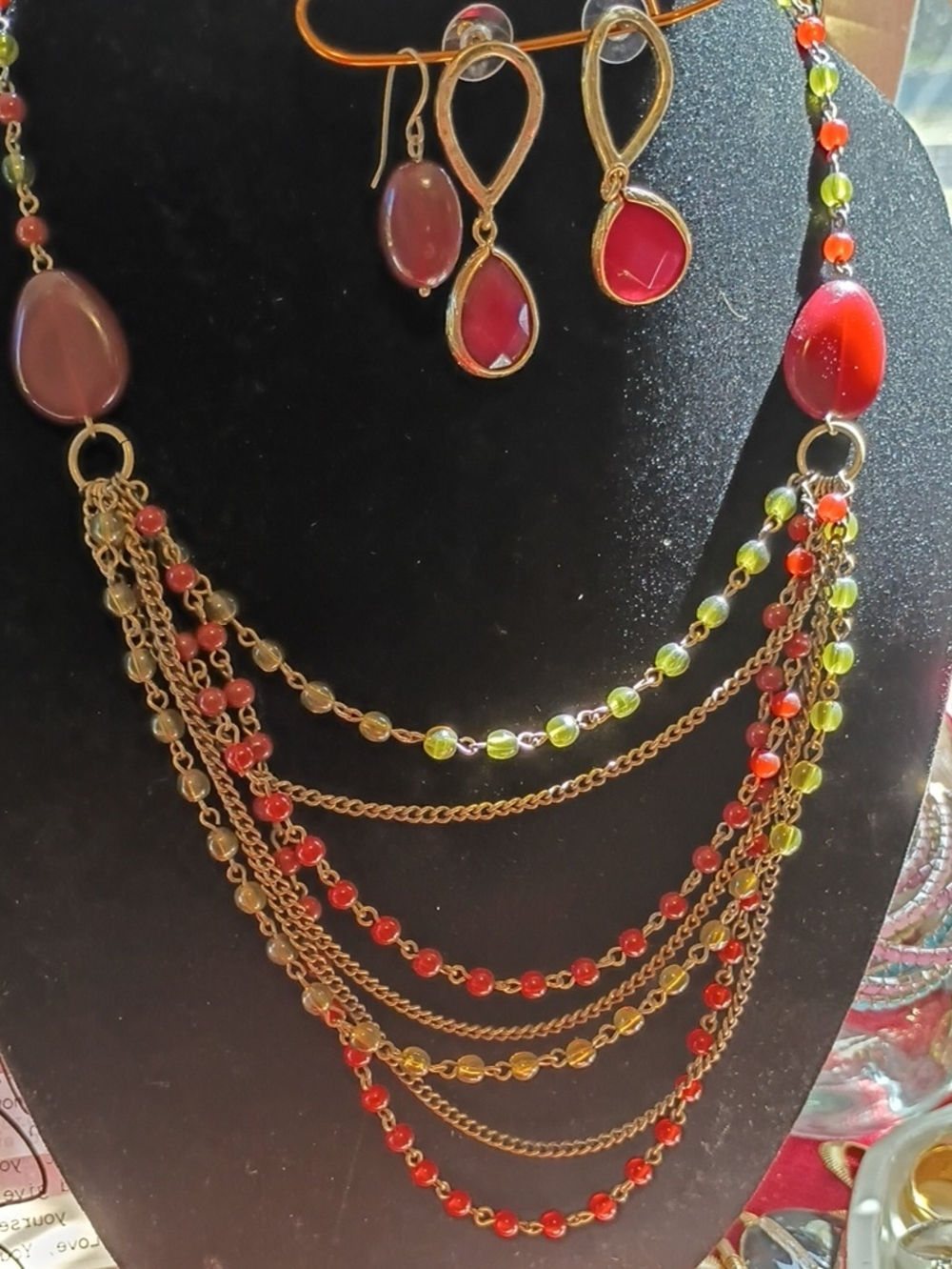 Gold-Tone Multi-Strand Red & Lime Bead Necklace with Matching Earrings